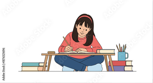 Focused schoolgirl sitting on the floor at a low wooden table doing her homework diligently with many books around her.