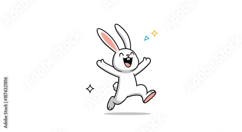Happy white rabbit character jumping with excitement and joy while being surrounded by bright sparkles and colorful geometric shapes in the air.
