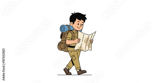 Young hiker boy wearing a scout uniform and a large backpack while walking and carefully studying a paper map to find his way through the forest.