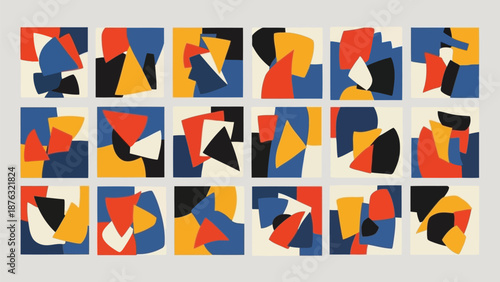 Abstract geometric art a colorful grid of overlapping shapes and patterns