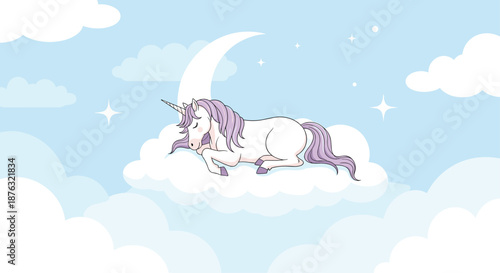 Beautiful white unicorn with a purple mane sleeping soundly on a soft fluffy cloud in front of a crescent moon and stars in a light blue sky.