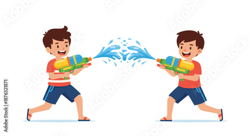 Two young boys having fun with a water gun fight on a hot summer day while spraying water at each other with big smiles and joyful laughs.
