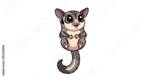 Cute sugar glider illustration showing the small marsupial with large eyes, a long tail, and grey fur standing on its hind legs on a white background.