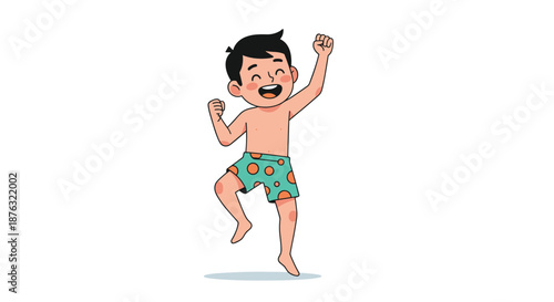 Happy young boy wearing green polka dot swim trunks dances with joy and energy during a fun summer day at the beach.