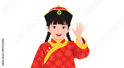 Beautiful girl wearing a traditional red Chinese dress and a black and gold hat waves with a friendly smile for a celebration.
