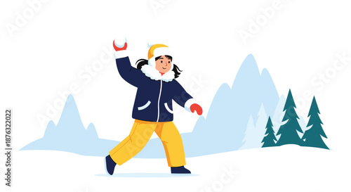 Active young girl wearing a blue winter parka and yellow pants prepares to throw a snowball in a beautiful mountain landscape.