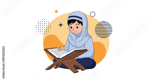 Young Muslim girl wearing a blue hijab sits peacefully on the floor while reading the Quran on a traditional wooden book stand.
