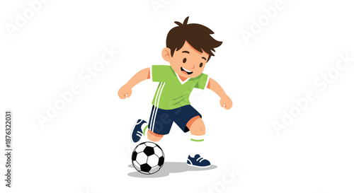 Energetic young boy wearing a green jersey and blue shorts dribbles a soccer ball across the field with focus and excitement.