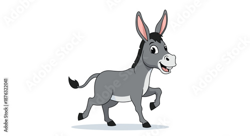 Cute gray donkey with long ears and a friendly expression walks forward in a simple and charming animal vector illustration.