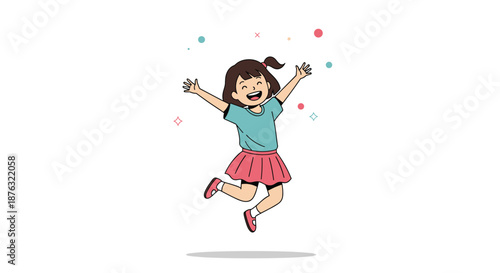 Joyful little girl jumping high in the air with arms wide open while surrounded by colorful confetti in a celebration scene.