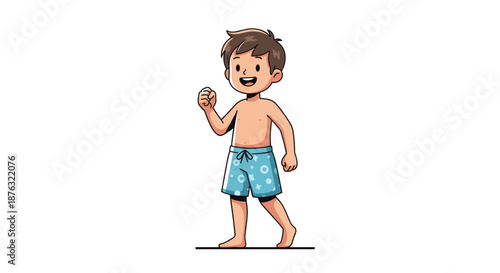 Happy young boy wearing blue patterned swim shorts walks confidently towards the water on a bright and sunny summer day.