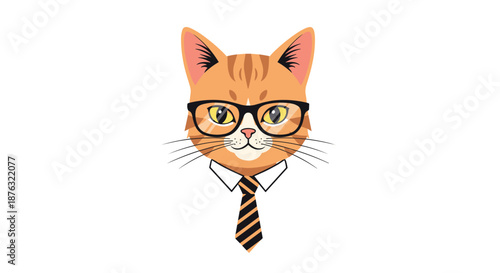 Intellectual orange tabby cat wearing black-rimmed glasses and a striped necktie looks forward in this funny animal portrait.