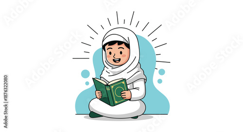 Small Muslim girl wearing a white hijab sits cross-legged while reading a green book with a glowing light effect behind her.