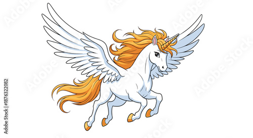 Majestic white pegasus unicorn with a golden mane and wings flies gracefully through the air in this magical fantasy illustration.