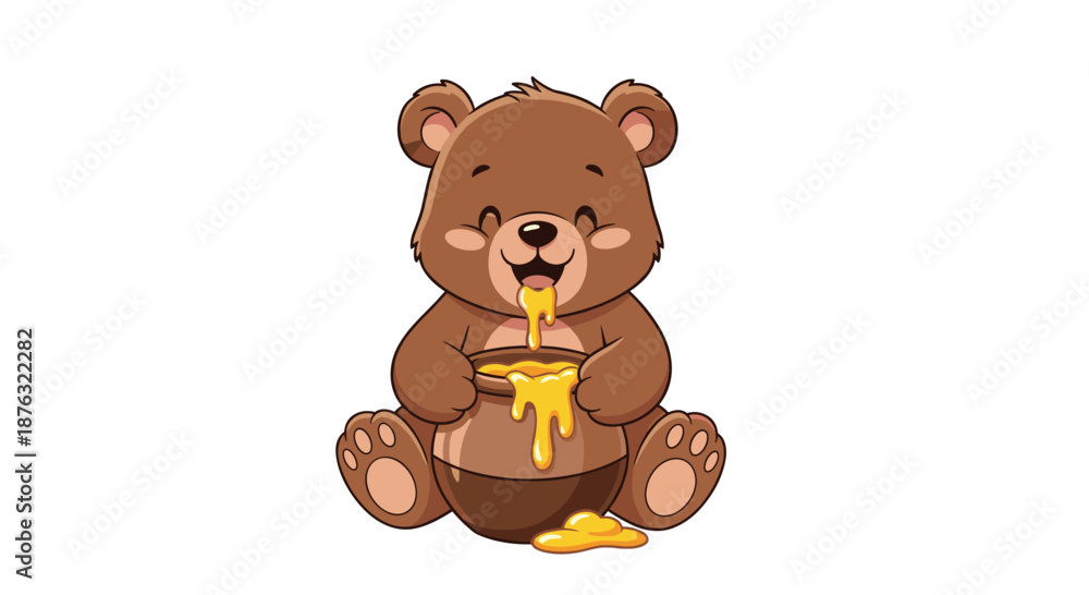 Obraz premium Adorable brown bear cub sits on the ground and happily eats honey from a large ceramic pot on a white background.