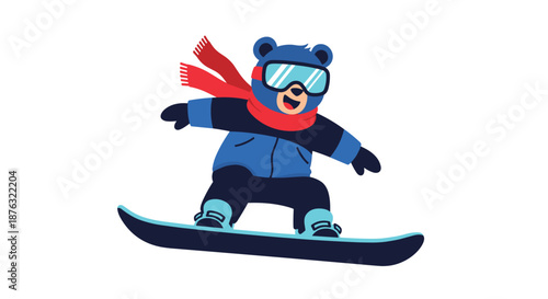 Cute bear character wearing goggles and a red scarf snowboards down a slope with speed and excitement in winter.