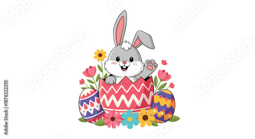 Adorable Easter bunny pops out of a large decorated pink egg surrounded by vibrant flowers and colored easter eggs.