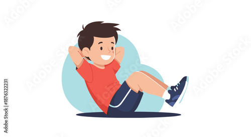 Determined young boy performs sit-ups or crunches exercise on the floor with his hands behind his head in a workout.