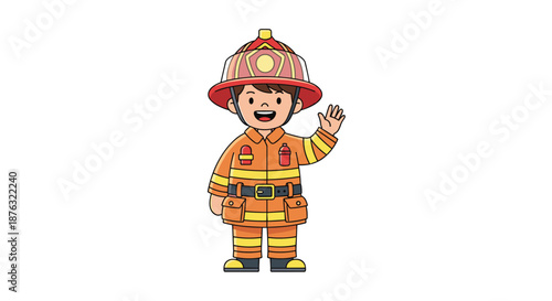 Young boy wearing a full firefighter uniform and helmet waves his hand with a friendly smile on his face to people.