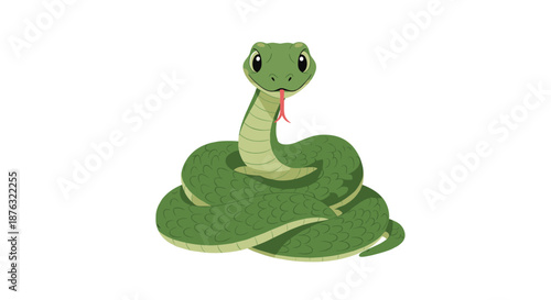 Large green snake character is coiled up and looking forward with its tongue flicking out on a white background.