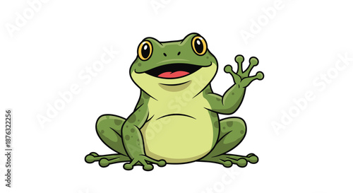 Friendly green frog character sits and waves one hand with a happy and wide-open mouth on a plain white background.