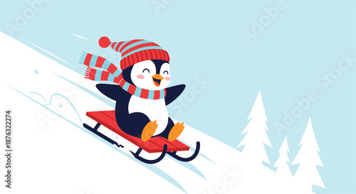 Cute penguin wearing a striped red hat and scarf sleds down a snowy hill with arms open in joy on a winter morning.