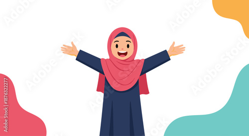 Friendly Muslim woman wearing a blue dress and pink hijab opens her arms wide in a warm and welcoming gesture.