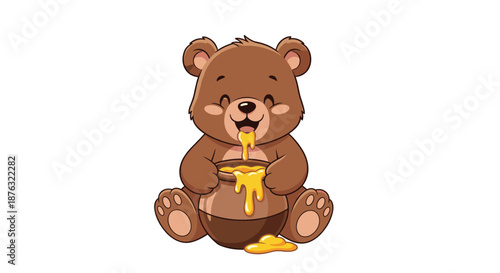 Adorable brown bear cub sits on the ground and happily eats honey from a large ceramic pot on a white background.