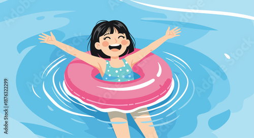 Little girl with a pink inner tube swims happily in a blue pool with splashing water and a bright sunny atmosphere.