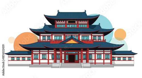 Magnificent traditional Chinese temple architecture with multiple roof tiers and red pillars against abstract sky.
