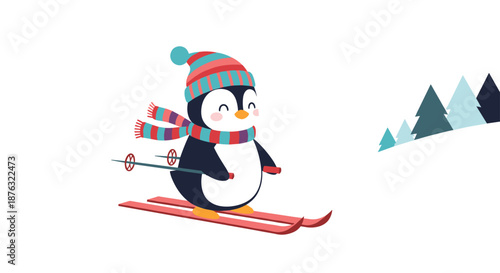 Happy penguin wearing a colorful striped winter hat and scarf skies down a mountain slope with pine tree background.