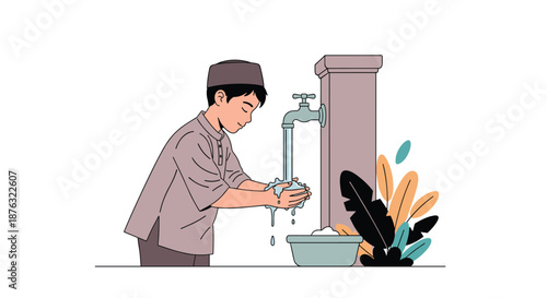 Young Muslim boy wearing a kufi hat performing wudu at a water faucet preparing for prayer in a detailed flat vector illustration style.