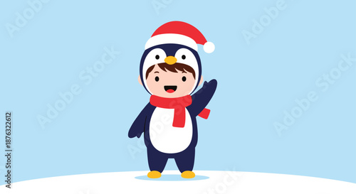 Adorable little child dressed in a penguin costume wearing a red Santa hat and scarf waving happily on a snowy winter background.