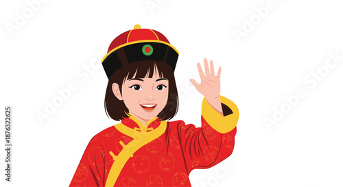 Beautiful young girl in a traditional red Chinese dress and hat waving with a happy smile against a clean white background.