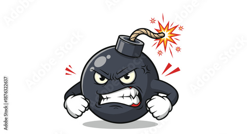 Angry black bomb character with a lit fuse and clenched fists looking ready to explode with a furious expression.
