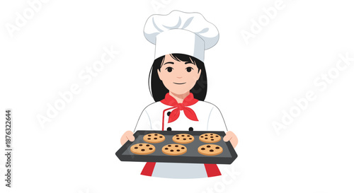 Young girl wearing a professional chef hat and uniform holding a baking tray full of freshly baked chocolate chip cookies.