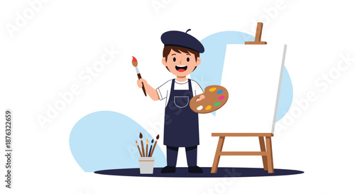 Creative young artist boy wearing an apron and beret holding a palette and brush while standing next to a canvas.