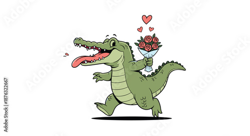 Friendly green crocodile running while holding a beautiful bouquet of red roses for a romantic gesture or gift.