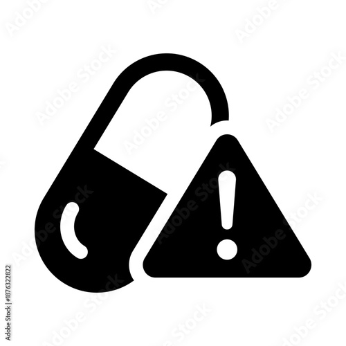 Allergy warning icon featuring a pill and alert symbol, indicating medication allergy, drug sensitivity, adverse reactions, and medical safety warnings.