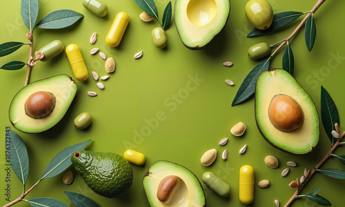 still life with healty food and dietary supplement capsules	
