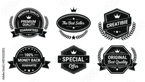 Collection of vintage style black and white award badges and labels