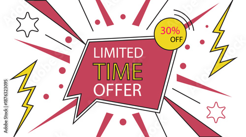 30% off limited time offer banner design. Contain of discounts, banner, limited offer, big sale, mega sale, flash sale.