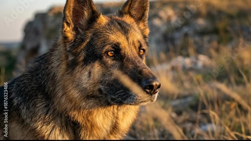 Majestic German Shepherd Dog Basks in Warm Glow of Sunset, Exuding Calm and Strength in Natural Landscape, Attentive to Natures Beauty