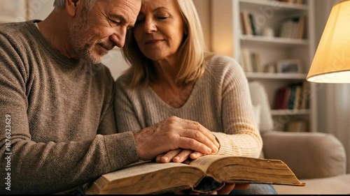 Middle Aged Couple Shares Warm Moment Reading Book Together in Cozy, Intimate Home with Cinematic Light