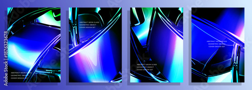 Abstract neon glass composition with blue lights and metallic reflections cover poster background design set, Vibrant abstract artwork featuring sleek blue glass forms, and metallic highlight.