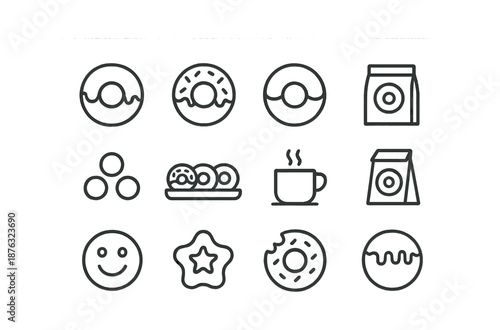 Minimalist icon set: donuts, coffee, and smiley faces in line art style