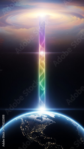 Cosmic Energy Beam Over Earth Space Galaxy Abstract. Concept featuring cosmic, energy beam, earth, space, galaxy.
