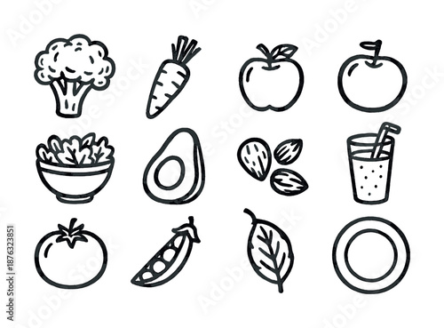 Hand-drawn food icons: vegetables, fruits, nuts, and beverages collection
