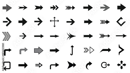 Collection of various black arrow icons in differing styles and directions