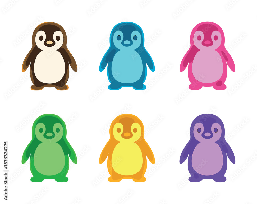Obraz premium Colorful cartoon penguins in various shades on white background
